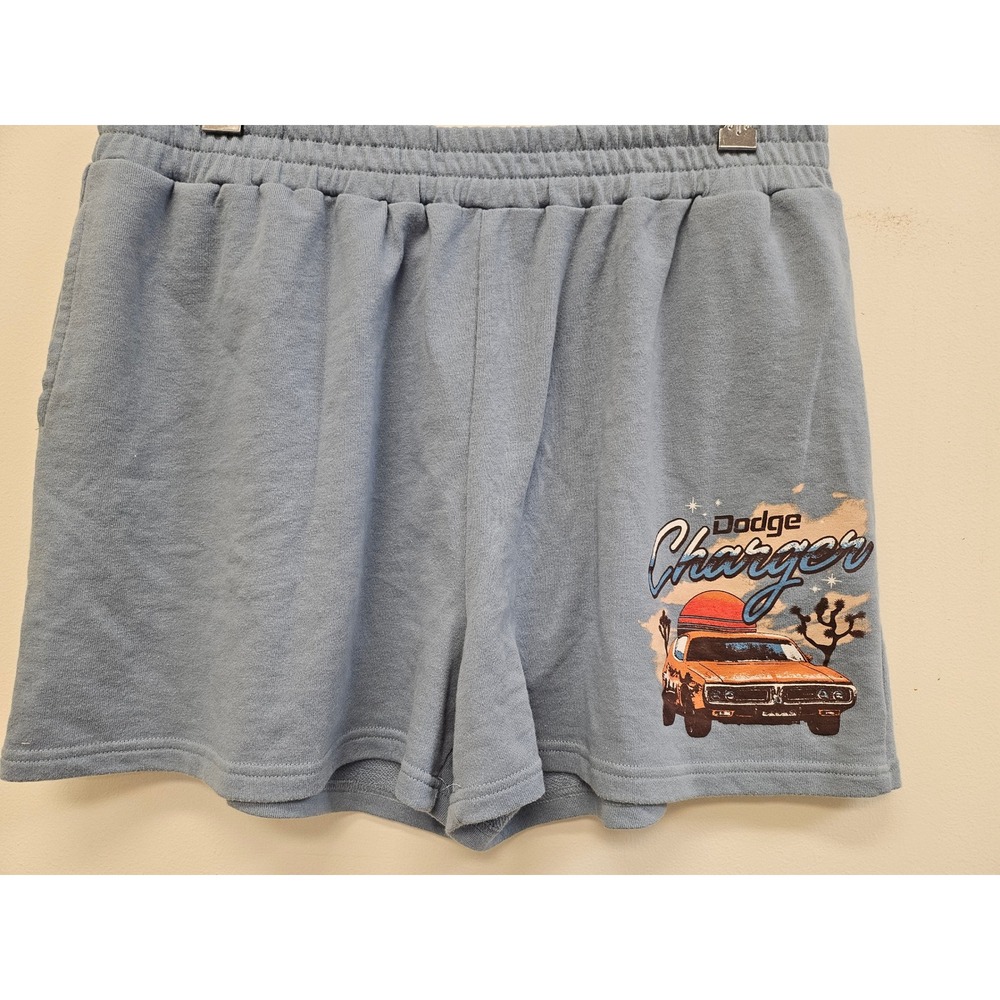 Dodge Charger Graphic Sweat Shorts Blue Retro Muscle Car Lounge Women XL
